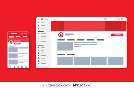 Profile Page Of Youtube Video Plaer. Blogger Channel. UI UX Template Of Website. Responsive Social Media Page For Smartphone And Desktop. Vector Illustration Mock Up.