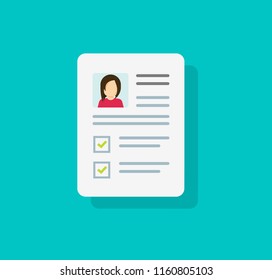 Profile paper document with personal data vector icon, flat cartoon  with user or person card data and photo symbol, concept of interview job, qualification test evaluation, cv or resume isolated