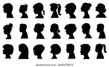 Profile people head silhouette collection. Group young people. Profile silhouette faces of different people