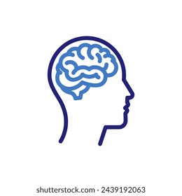 Perfil de una persona con un icono de línea delgada en el cerebro. Símbolo de ilustración vectorial para la visión psicológica, la personalidad y el concepto de función cognitiva