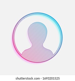 Profil, Person im Kreis. Farbiges Logo mit diagonalen Linien und blauem Farbverlauf. Neongrafik, Lichteffekt