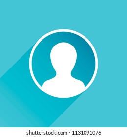 Profile, person in circle. Gray icon with long shadow in bottom left corner on blue background