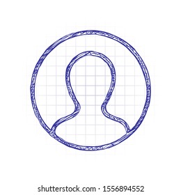 Profile, person in circle. Hand drawn sketched picture with scribble fill. Blue ink. Doodle on white background