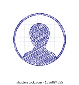 Profile, person in circle. Hand drawn sketched picture with scribble fill. Blue ink. Doodle on white background