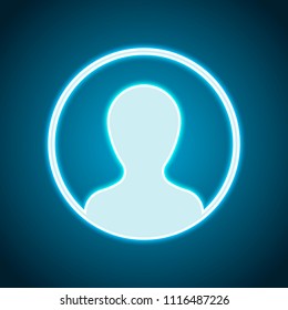 Profile, person in circle. Neon style. Light decoration icon. Bright electric symbol