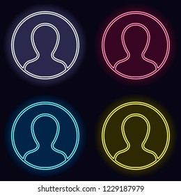 Profile, person in circle. Set of neon sign. Casino style on dark background. 