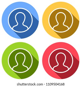 Profile, person in circle. Set of white icons with long shadow on blue, orange, green and red colored circles. Sticker style