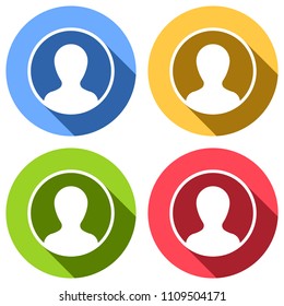 Profile, person in circle. Set of white icons with long shadow on blue, orange, green and red colored circles. Sticker style