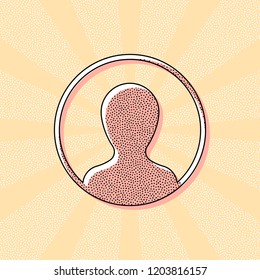 Profile, person in circle. Vintage retro typography with offset printing effect. Dots poster with comics pop art background