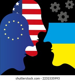 The profile of a person face in the colors of the American, Russian and Ukrainian flags with gears on a black background. The confrontation between Russia and the United States concept.