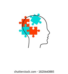 Profile of person with puzzle pieces in his head. Training icon. Logo therapy. Symbol of knowledge