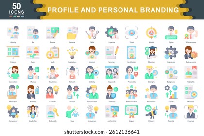 The Profile and Personal Branding flat icon set highlights identity, strengths, and visibility. Ideal for career development, professional profiles, and self marketing strategies.
