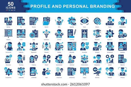 The Profile and Personal Branding icon set highlights identity, strengths, and visibility. Ideal for career development, professional profiles, and self marketing strategies.