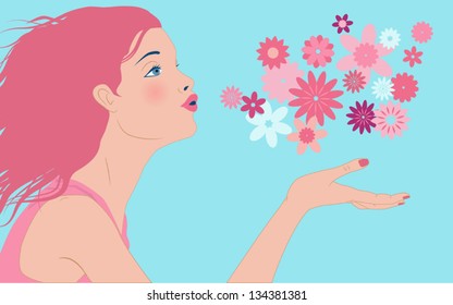 Profile pf a beautiful young woman with pink hair blowing away a cloud of pink flowers off the palm of her hand