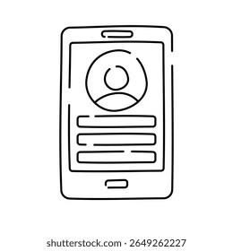 Profile Phone Outline Doodle style, smartphone with profile card symbolizing digital identity, online resumes, and modern media professionals.