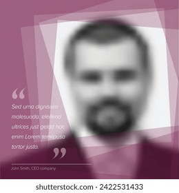 Profile photo with a quote template. Profile qote template for motto, testimonial, review, opinion. Photo quotation layout with portrait teal frame photo placeholder and dummy quote text.