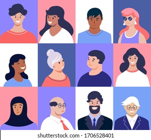 Profile picture. Male and female faces. Young, seniors people of different nationalities. Vector illustration , flat design.