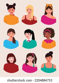 Profile picture vectors, portrait woman flat illustration