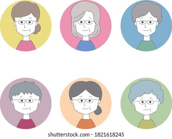 Profile pictures of different middle aged women wearing glasses. Set of vector icon isolated on white background.