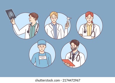 Profile pictures of medical staff in white uniforms. Avatars of doctors and nurses working in hospital. Medicine and healthcare. Vector illustration. 