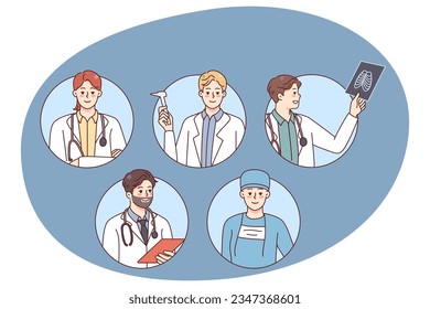 Profilbilder von medizinischem Personal in weißen Uniformen. Avatare von Ärzten und Krankenschwestern, die im Krankenhaus arbeiten. Medizin und Gesundheitswesen. Vektorgrafik.