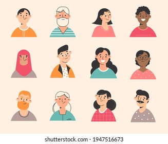 Profile picture.Young, seniors people of different nationalities.  Male and female faces. Vector illustration, flat design.