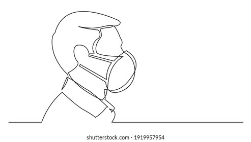 profile portrait of bearded man with business haircut wearing face mask - continuous line drawing on white background