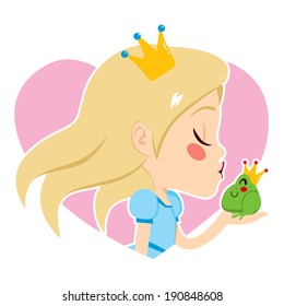 Profile portrait of a beautiful blonde little princess kissing cute green frog happy