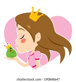 Profile portrait of a beautiful little princess kissing cute green frog with crown