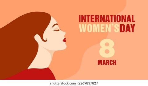 Profile portrait of a beautiful woman with long hair and closed eyes. International Women's Day greeting card. Vector illustration in flat style