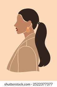 Retrato de perfil de uma mulher de negócios marrom com um rabo de cavalo em um blazer, retrato de chefe de mulher sem rosto, chefe de menina abstrato, ilustração vetor isolada de uma mulher de cor