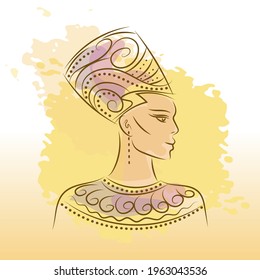 Profile portrait of an Egyptian queen wearing an authentic hat. Line drawing graphic illustration