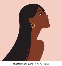 Profile portrait face young elegance beauty african american woman with dark hair and earring. Vector isolated 
flat illustration. Avatar of a afro silhouette girl. 