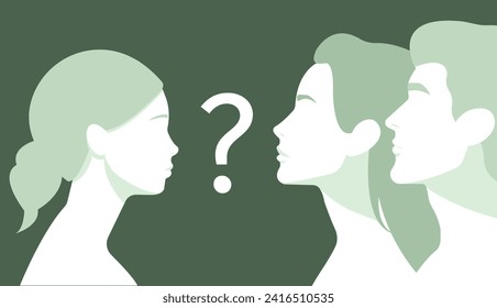 Profile portrait of family with a question mark in the center. Parents and daughter. Symbol of complexity and uncertainties of family relationships. Parenthood and family issues.