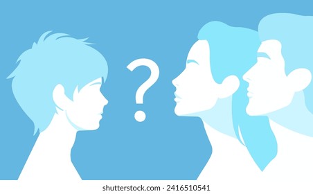 Profile portrait of family with a question mark in the center. Parents and son. Symbol of complexity and uncertainties of family relationships. Parenthood and family issues.