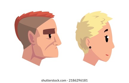 Profile Portrait or Head of Male Character with Modern Hipster Hairstyle Vector Set