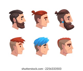 Profile Portrait or Head of Man Character with Modern Hipster Hairstyle Vector Set