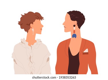 Profile portrait of lesbian love couple. Two modern women looking at each other. Girlfriends in trendy clothes. Colored flat vector illustration of colleagues isolated on white background