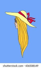 Profile portrait of a long haired blonde woman wearing a big summer hat and sun glasses". Hand drawn vector illustration. Cartoon style.