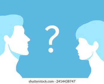 Profile portrait of a man and a boy looking at each other. Question mark in between. Dad and son. Family problem moment, single parent different generations issues. Blue backdrop.