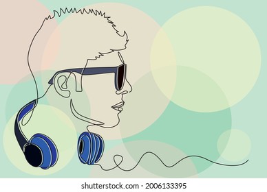 Profile portrait of man with headphones - continuous line drawing