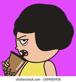 Profile Portrait Of Moody Upset Angry Girl Biting in a Straw Of A Bubble Milk Tea On Purple Background Concept Card Character illustration 