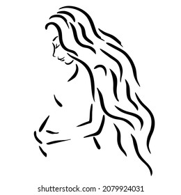 Profile portrait of pregnant girl with beautiful long wavy hair strokes her belly with hand. Beautiful woman in black line style art isolated on white background. Vector illustration.