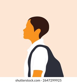 Profile portrait of a school boy wearing short sleeve uniform shirt and backpack. Flat faceless illustration of 1'st day at school concept.
