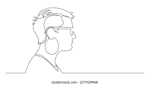 profile portrait of short-haired woman with big earrings - continuous line drawing on white background