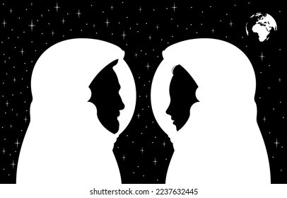 Profile portrait silhouette of man and woman astronaut in eye contact isolated in space lit by stars and planet earth.