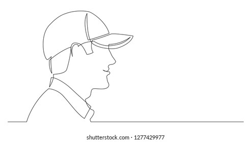 profile portrait of smiling man in baseball cap - continuous line drawing on white background