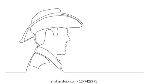profile portrait of smiling man in cowboy hat and shirt - continuous line drawing on white background