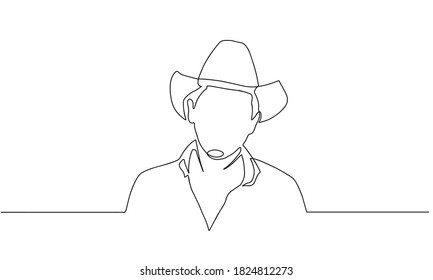 profile portrait of smiling man in cowboy hat and shirt - continuous line drawing on white background. Linear minimal man face. Sun protection head accessory. Cowboy old man illustration.