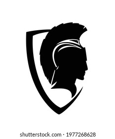 profile portrait of spartan warrior wearing helmet inside simple heraldic shield - black and white vector military man head design